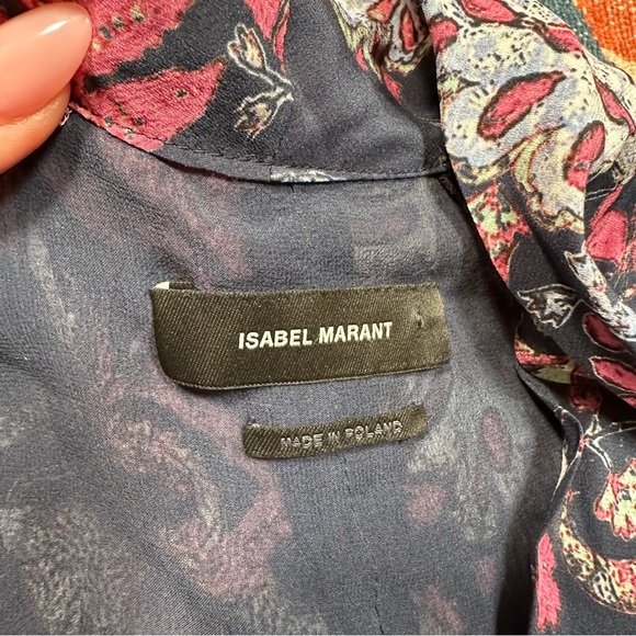 Isabel Marant Batoa Dress Navy Pink Floral Silk Crepe Long Sleeved Neck Tie NWOT - Picture 15 of 16